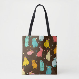 Tote Bag lapins multicolores, différents, lièvres sur un no