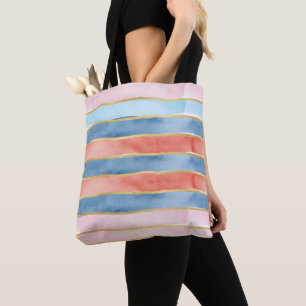 Tote Bag Larges Bandes Aquarelles de Bleu Rose Corail
