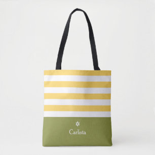 Tote Bag Larges bandes horizontales jaunes Vert Nom Faisée