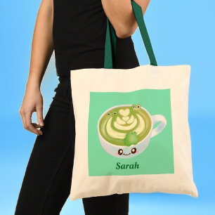 Tote Bag Latte De Thé Vert Matcha Chaud Avec Cute Frogs