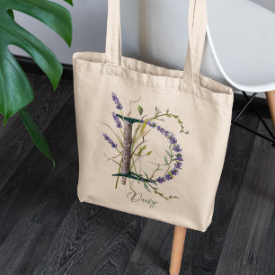 Tote Bag Lavande botanique 'B' Monogramme Nom personnalisé