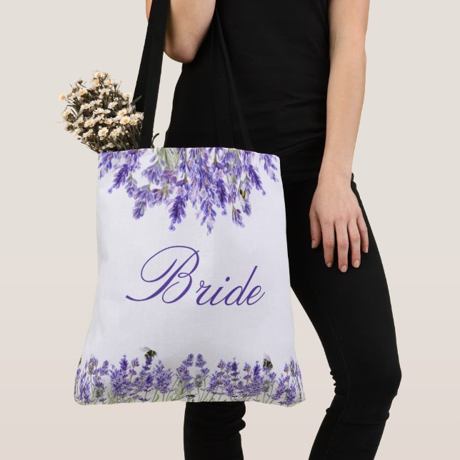 Tote Bag Lavande violet floraux script mariée mariage (De près)