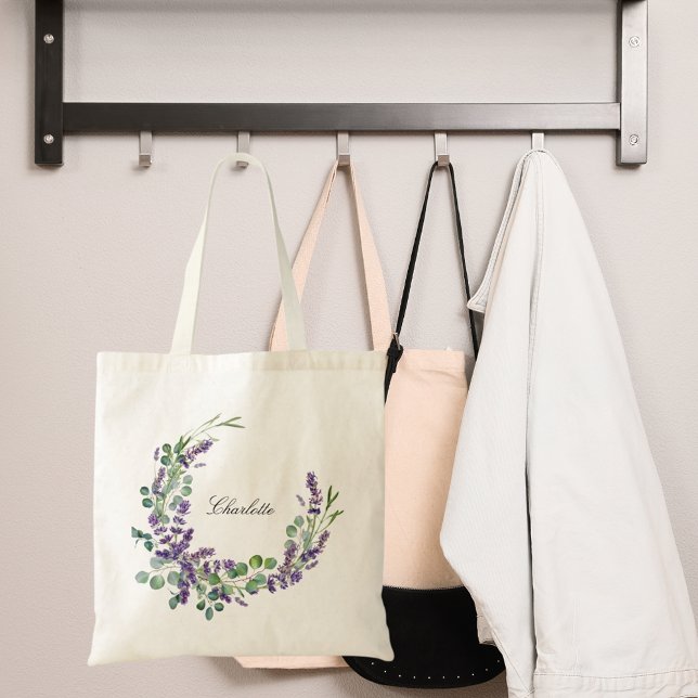 Tote Bag Lavender eucalyptus vert nom floral script (Créateur téléchargé)