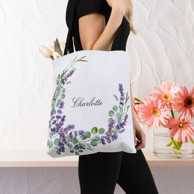 Tote Bag Lavender eucalyptus vert nom floral script (Créateur téléchargé)