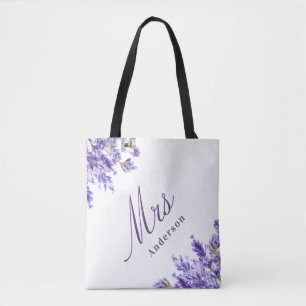 Tote Bag Lavender florales violet script mrs nom mariage