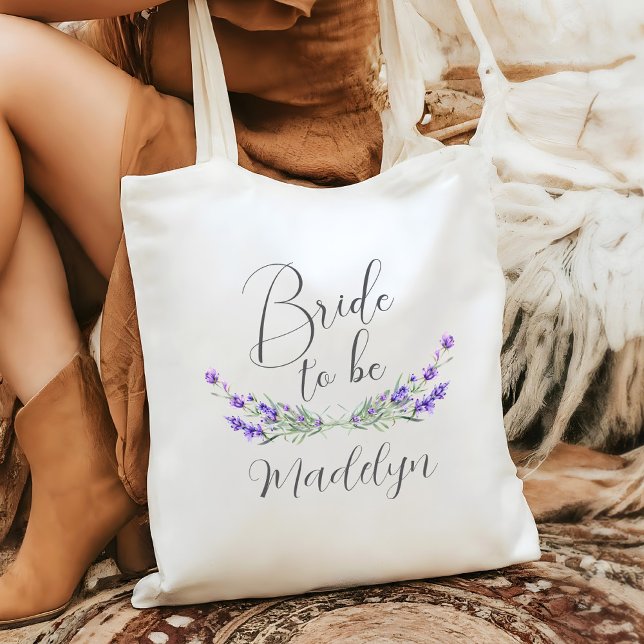 Tote Bag Lavender Laurel Mariée Mariage (Bride to be Wedding Tote with Lavender Laurels and Script Font)