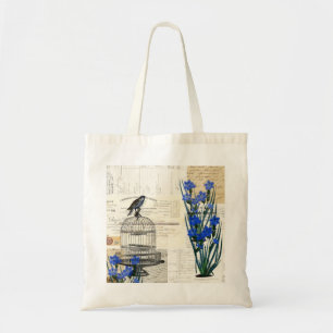 Tote Bag Le bleu vintage de cage à oiseaux d'oiseau fleuri