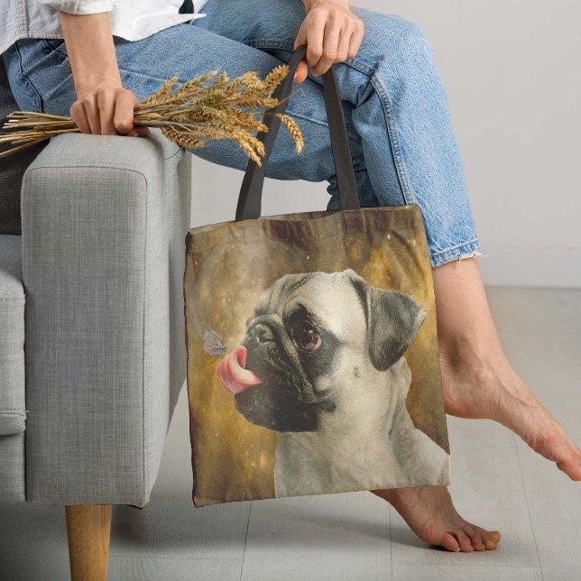 Tote Bag Le Carlin, le papillon et l'univers (Here we present a very creative tote bag featuring an adorable pug dog contemplating a vast universe)