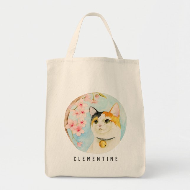 Tote Bag Le chat de calicot et les fleurs de cerisier | (Devant)