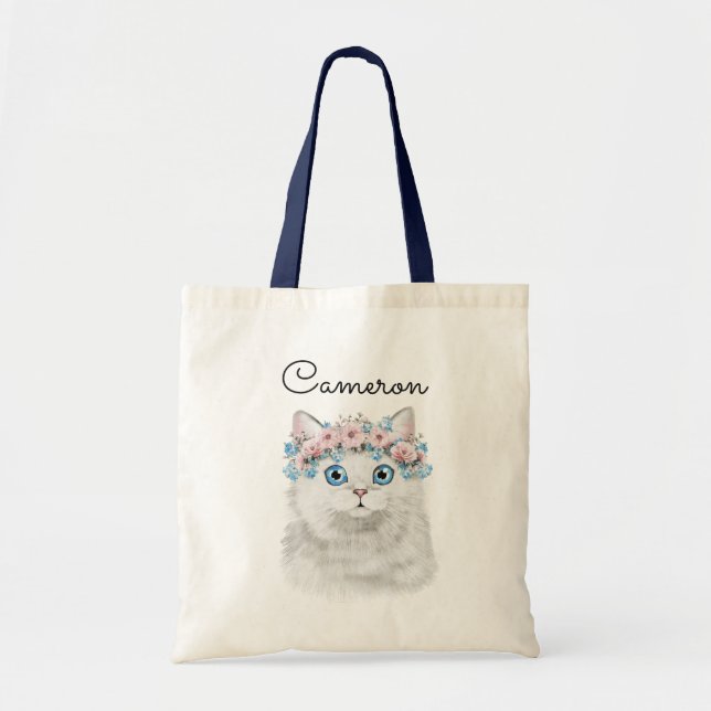 Tote Bag Le chat floral blanc doux | ajoutent votre nom (Devant)