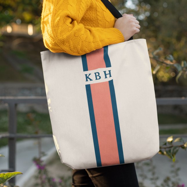 Tote Bag Le corail et la marine | Monogramme à bande classi (Créateur téléchargé)