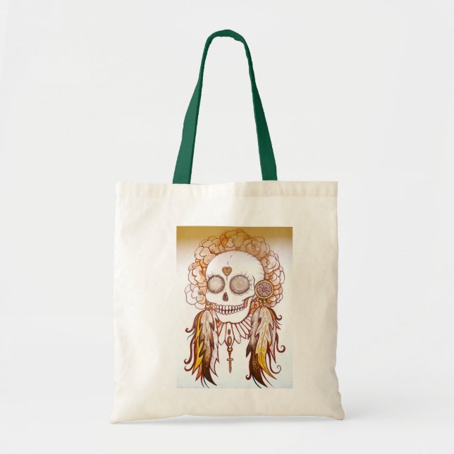 Tote Bag le crâne, les plumes et les fleurs indiens (Devant)