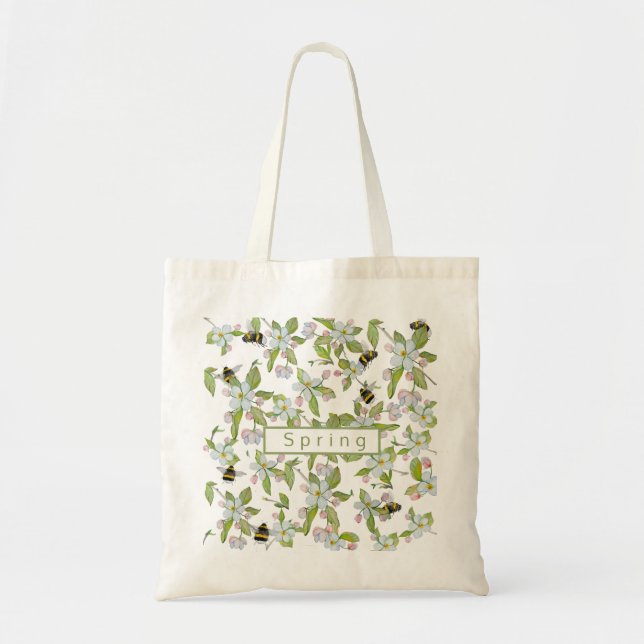 Tote Bag Le jardin de printemps fleurit et bourdons (Devant)