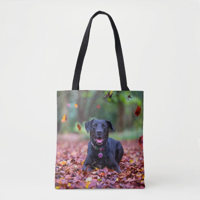 Tote Bag Le Labrador Noir Dans Les Feuilles D'Automne (Devant)