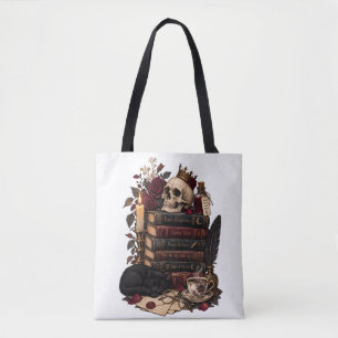Tote Bag Lecteur gothique, bibliophile, crâne et roses litt
