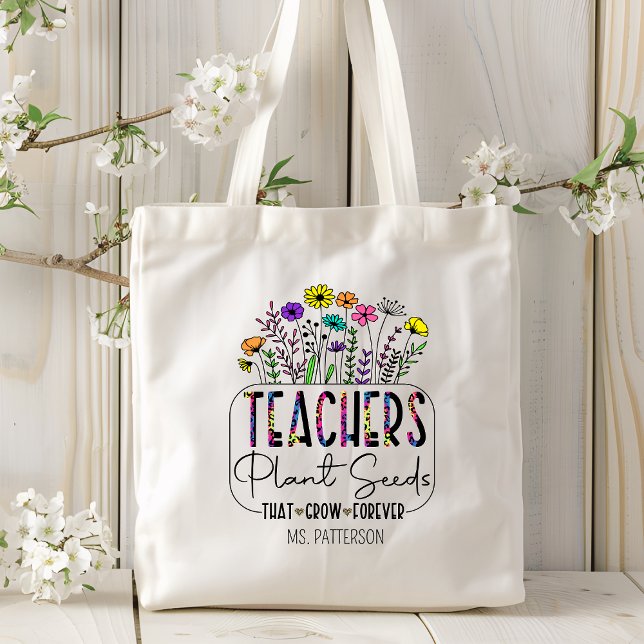 Tote Bag L'enseignant dit Fleur moderne Nom personnalisé (Créateur téléchargé)