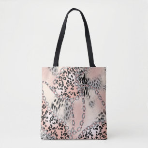 Tote Bag Leopard pattern, flowers, chain, roses