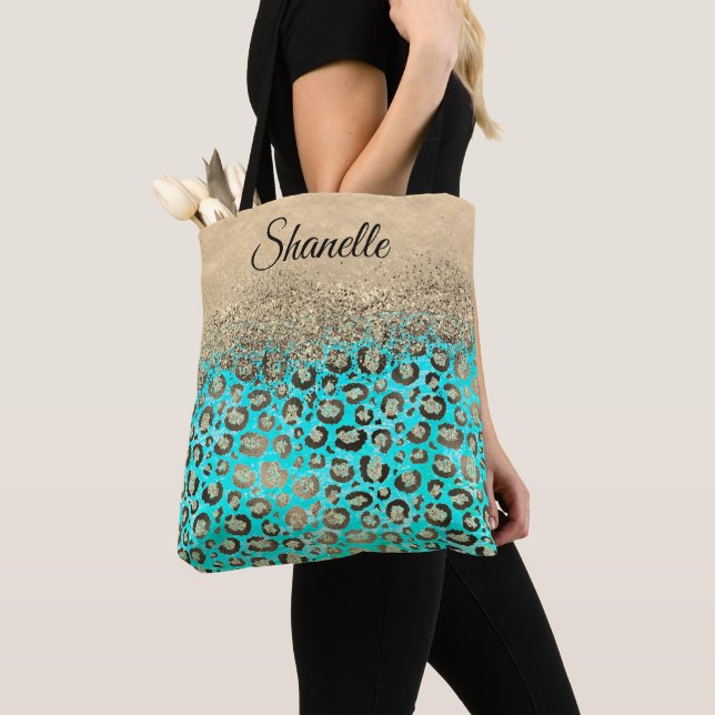 Tote Bag Léopard turquoise brillant   (De près)