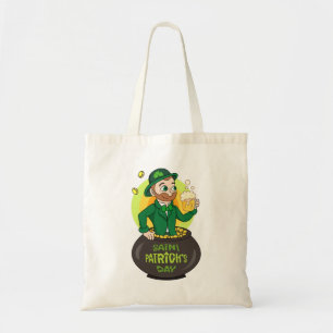 Tote Bag Leprechaun de dessin dans une casserole d'or tenan