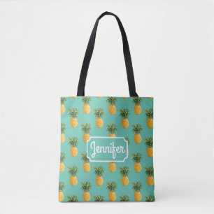 Tote Bag Les ananas tropicaux sur Teal ajoutent votre nom