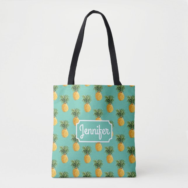 Tote Bag Les ananas tropicaux sur Teal | ajoutent votre nom (Devant)