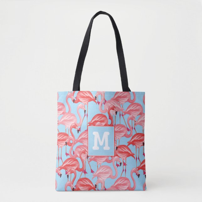 Tote Bag Les Flamants roses roses lumineux sur le bleu | (Devant)