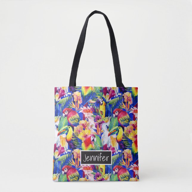 Tote Bag Les perroquets d'aquarelle | ajoutent votre nom (Devant)