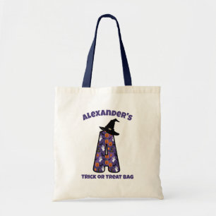 Tote Bag Lettre A avec Casquette sorcier et nom   Tricoter 