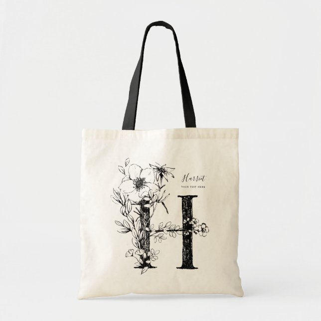 Tote Bag Lettre à la main fleurie biologique H monogrammée (Devant)