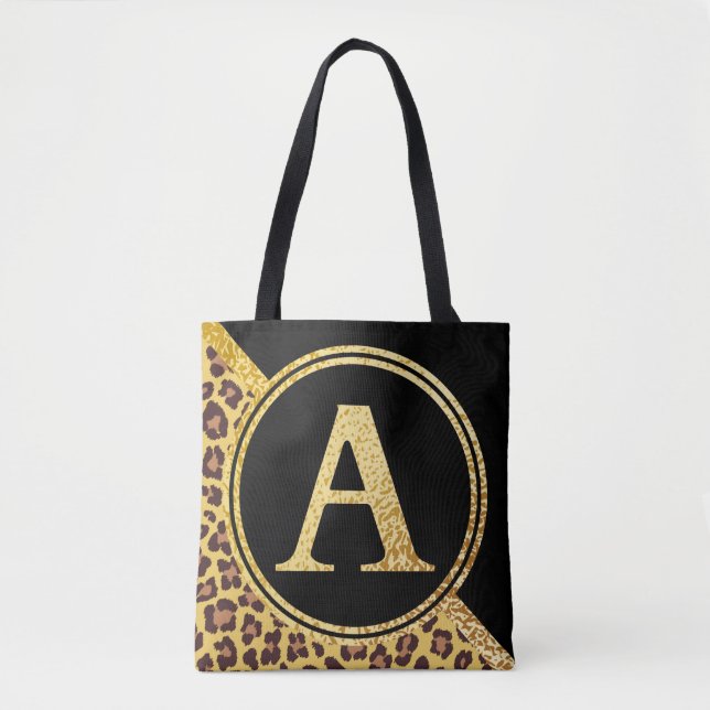 Tote Bag Lettre A Monogramme Empreinte de léopard Or et noi (Devant)