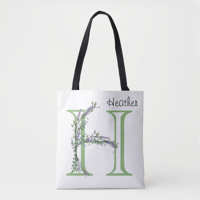 Tote Bag Lettre alphabétique H aquarelle Lavande Eucalyptus (Devant)