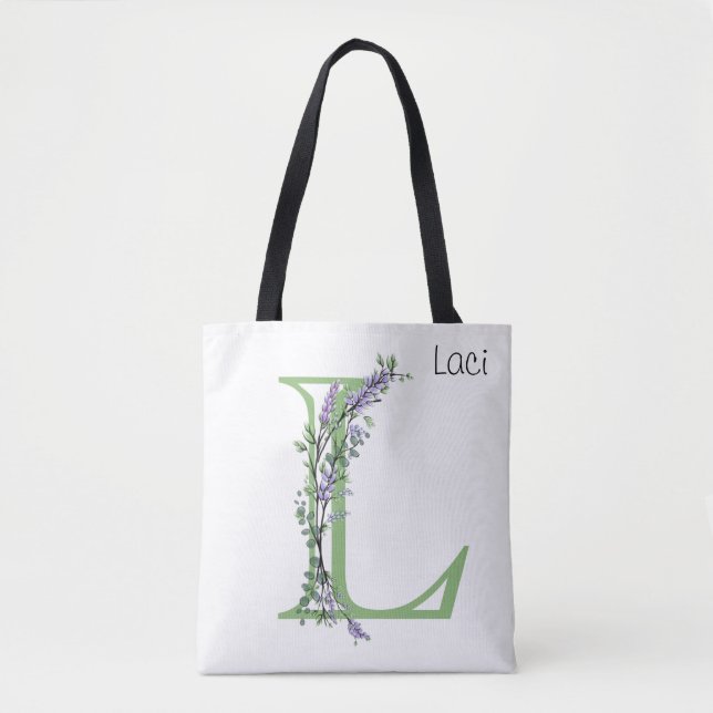 Tote Bag Lettre alphabétique L aquarelle Lavande Eucalyptus (Devant)