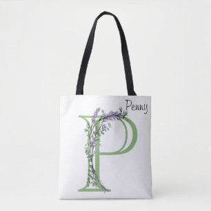 Tote Bag Lettre alphabétique P Lavender Eucalyptus monogram