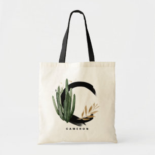 Tote Bag Lettre boho C Monogramme Aquarelle Tropical Cactus