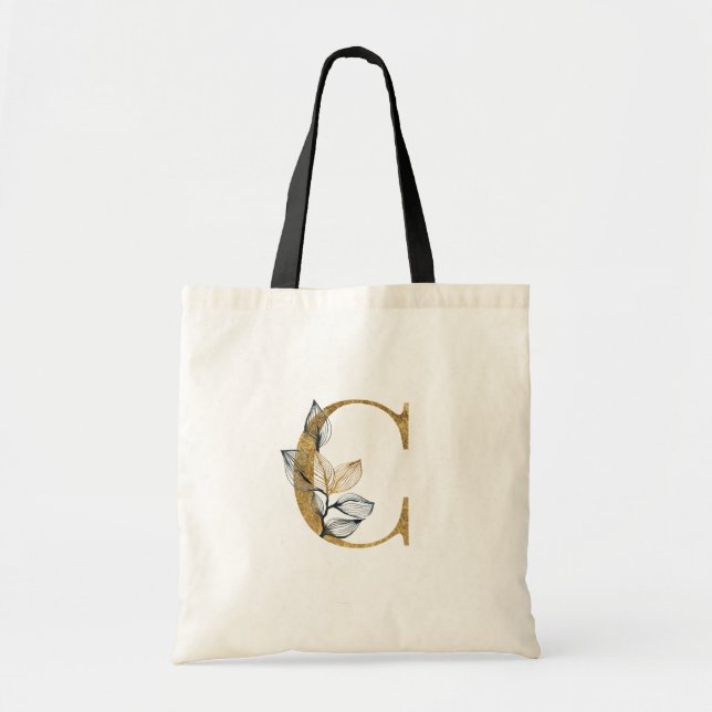 Tote Bag *~* Lettre C Monogramme Or Feuilles noirs initiaux (Devant)