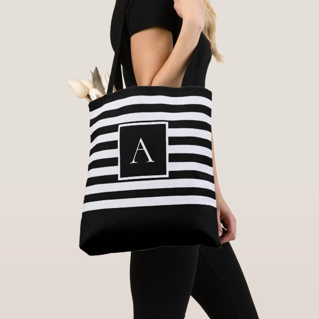 Tote Bag LETTRE Carré CHIC BLACK BLANC STRIPE (De près)