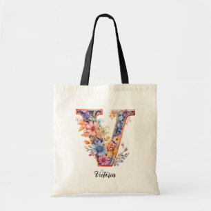 Tote Bag LETTRE CHIC V   Lettre florale lunaire monogramme