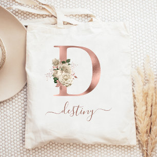 Tote Bag Lettre D Monogramme en Or Rose sur Fond Ivoire Flo