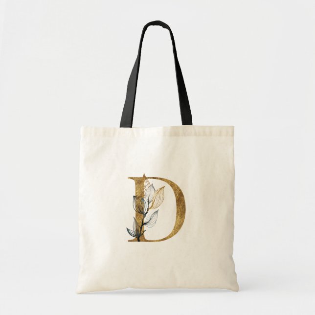 Tote Bag *~* Lettre D Monogramme Or Feuilles noirs initiaux (Devant)