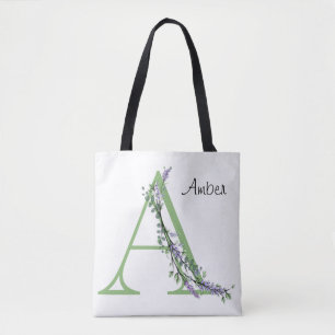 Tote Bag Lettre de l'alphabet A Eucalyptus lavande aquarell