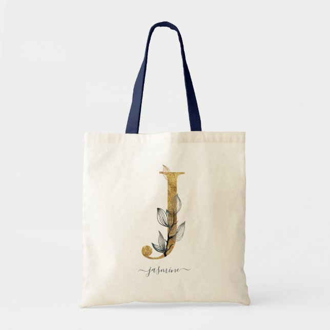 Tote Bag Lettre de monogramme moderne en feuille d'or bleu  (Devant)