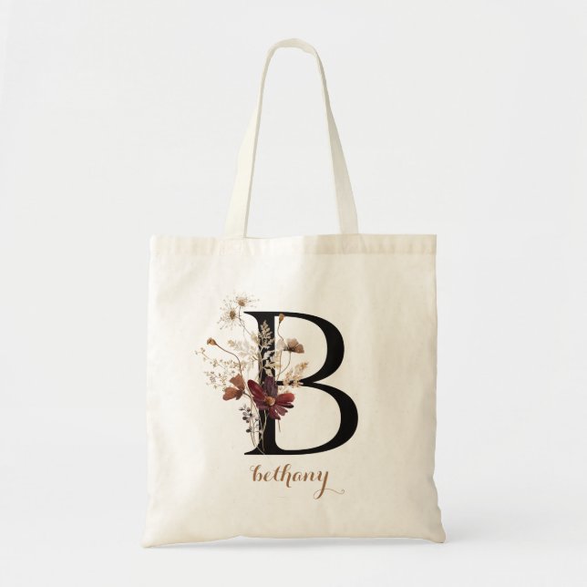 Tote Bag Lettre de monogramme personnalisée moderne florale (Devant)
