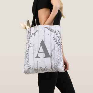 Tote Bag Lettre de monogramme rustique de ferme en bois bla