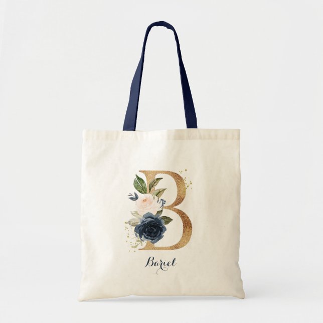 Tote Bag Lettre d'or B et florale floue personnalisée (Devant)