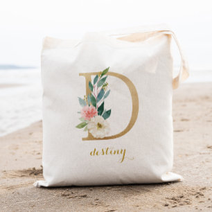 Tote Bag Lettre d'or D et florale floue personnalisée