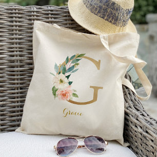 Tote Bag Lettre d'or G et florale floue personnalisée