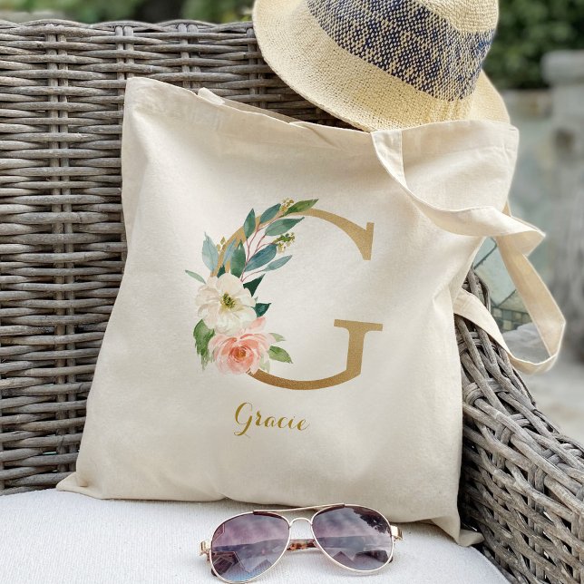 Tote Bag Lettre d'or G et florale floue personnalisée (Créateur téléchargé)