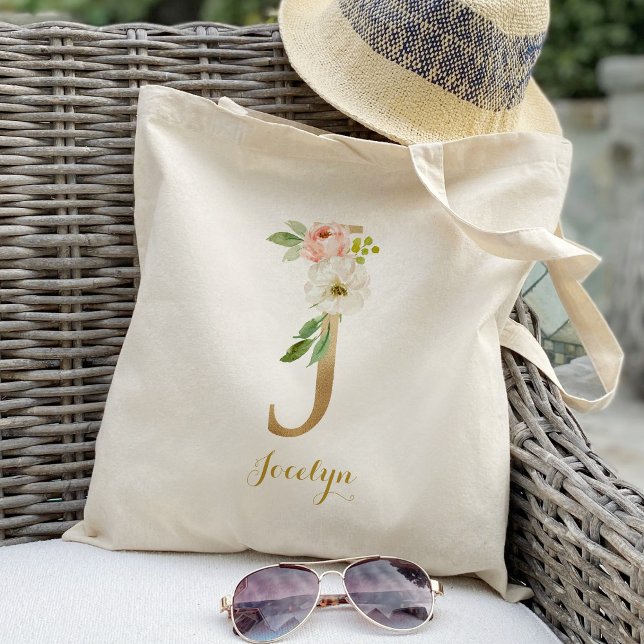 Tote Bag Lettre d'or J et floral flou Personnalisé (Créateur téléchargé)