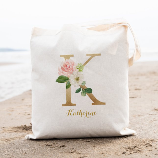 Tote Bag Lettre d'or K et florale floue personnalisée (Créateur téléchargé)