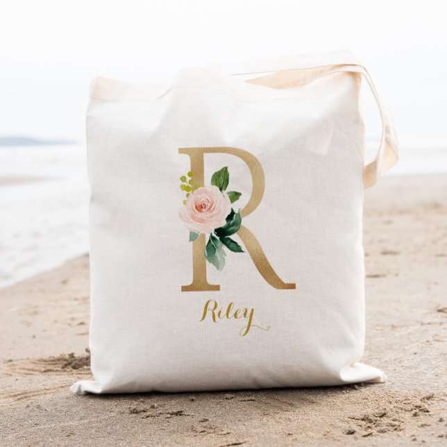 Tote Bag Lettre d'or R et florale floue personnalisée (Créateur téléchargé)